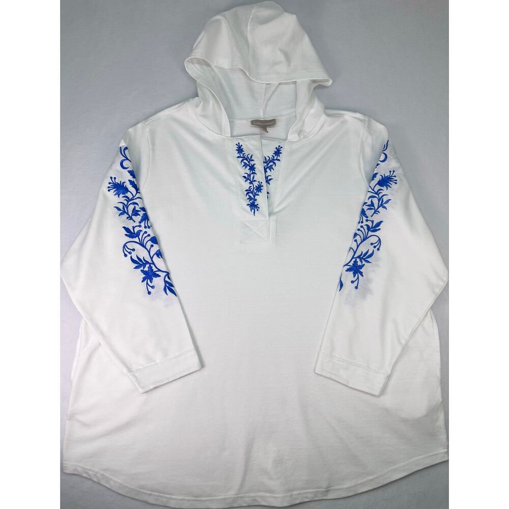 Woman Within White Embroidered Floral Hoodie Tunic 2X Blue Split Neck Sweatshirt - Picture 4 of 11